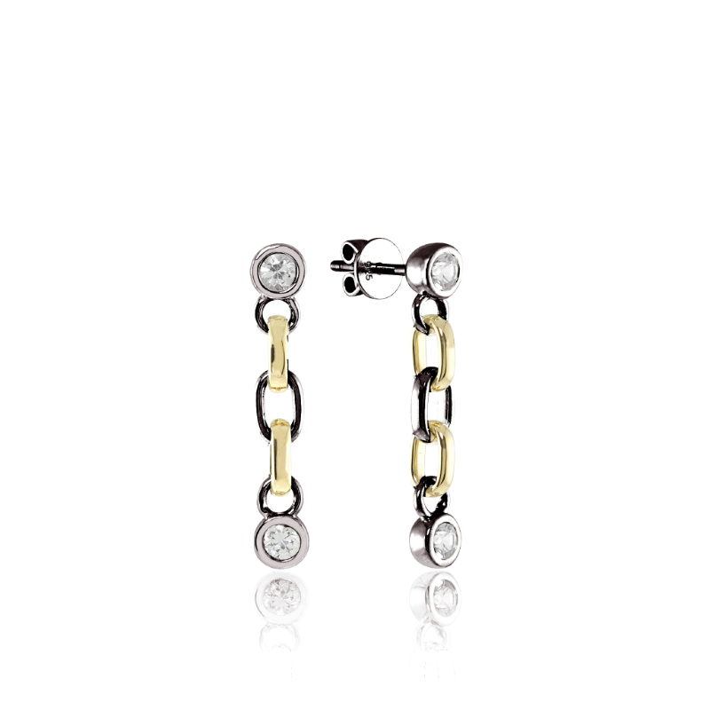 18K Solid Gold and Black Silver White Sapphire Short Chain Earrings