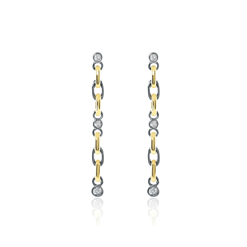 18K Solid Gold and Black Silver White Sapphire Long Line Earrings