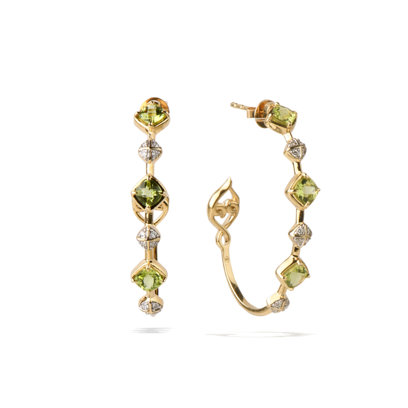 14K Solid Gold Natural White Diamond Peridot Long Hoop Earrings