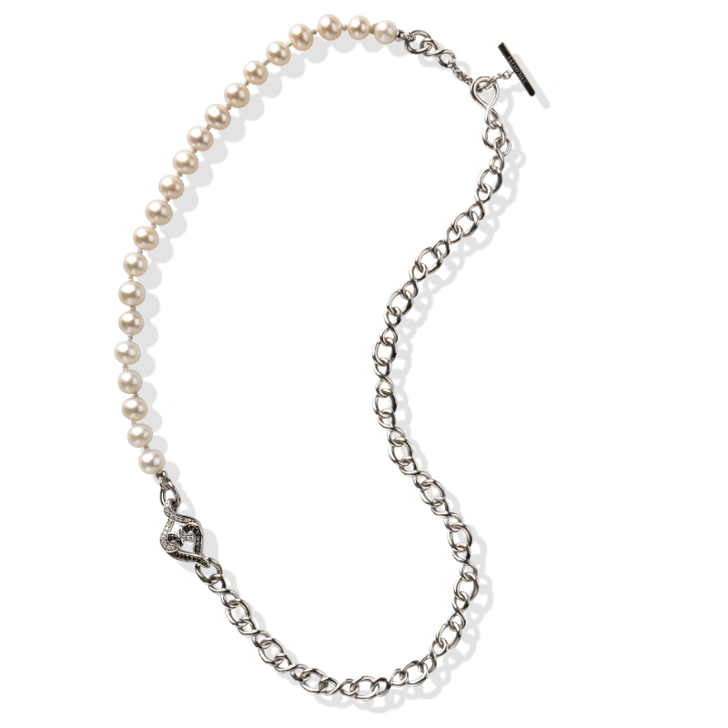 Sterling Silver Natural White and Black Diamond  Pearl Necklace