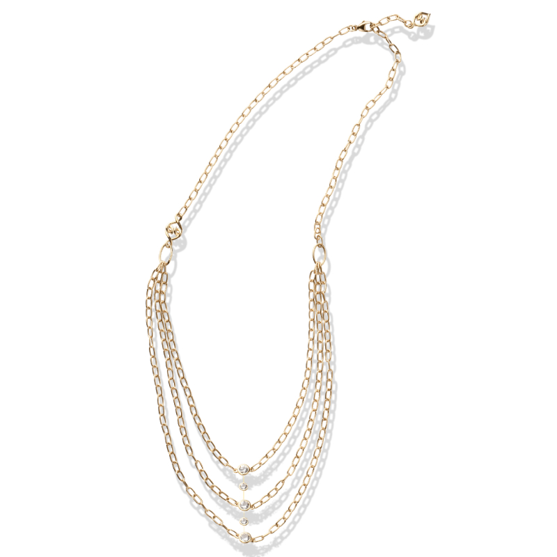 14K Solid Gold White Sapphire Layered Bib Necklace