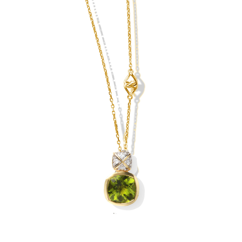 14K Solid Gold Natural White Diamond Peridot Dangle Necklace