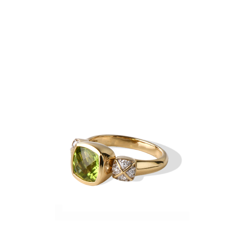 14K Solid Gold Natural White Diamond Peridot Dangle Ring